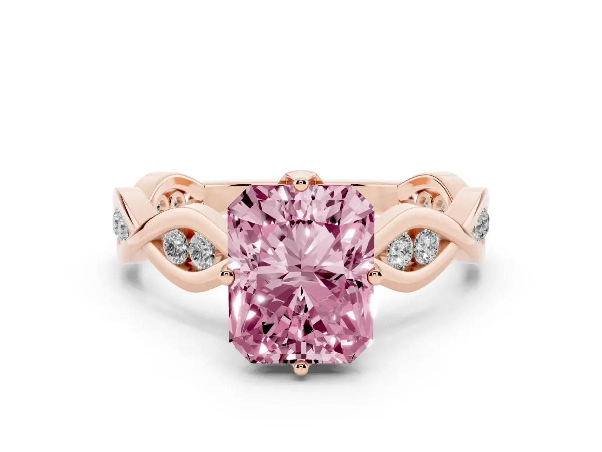 Fancy Pink Radiant Cut Solitaire Twist Band with Leaf Prong Setting Rose gold