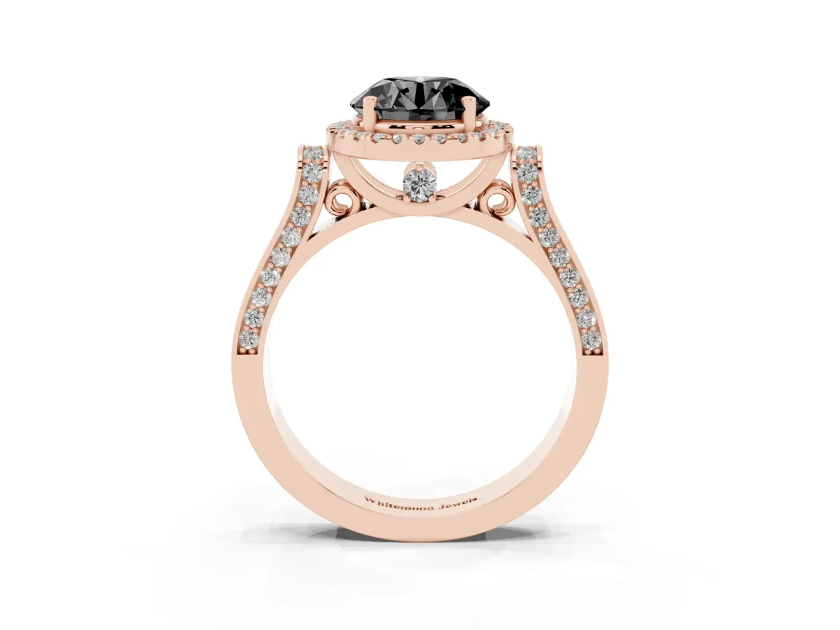 Fancy Black Round Cut Halo Round Diamond Twist Band with Four-Prong Setting Rose gold