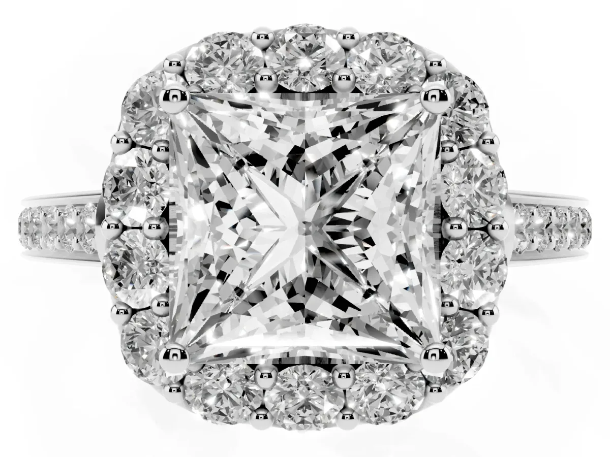 Princess Cut Diamond Floral Halo Ring with Pavé Band and Prong Setting Silver