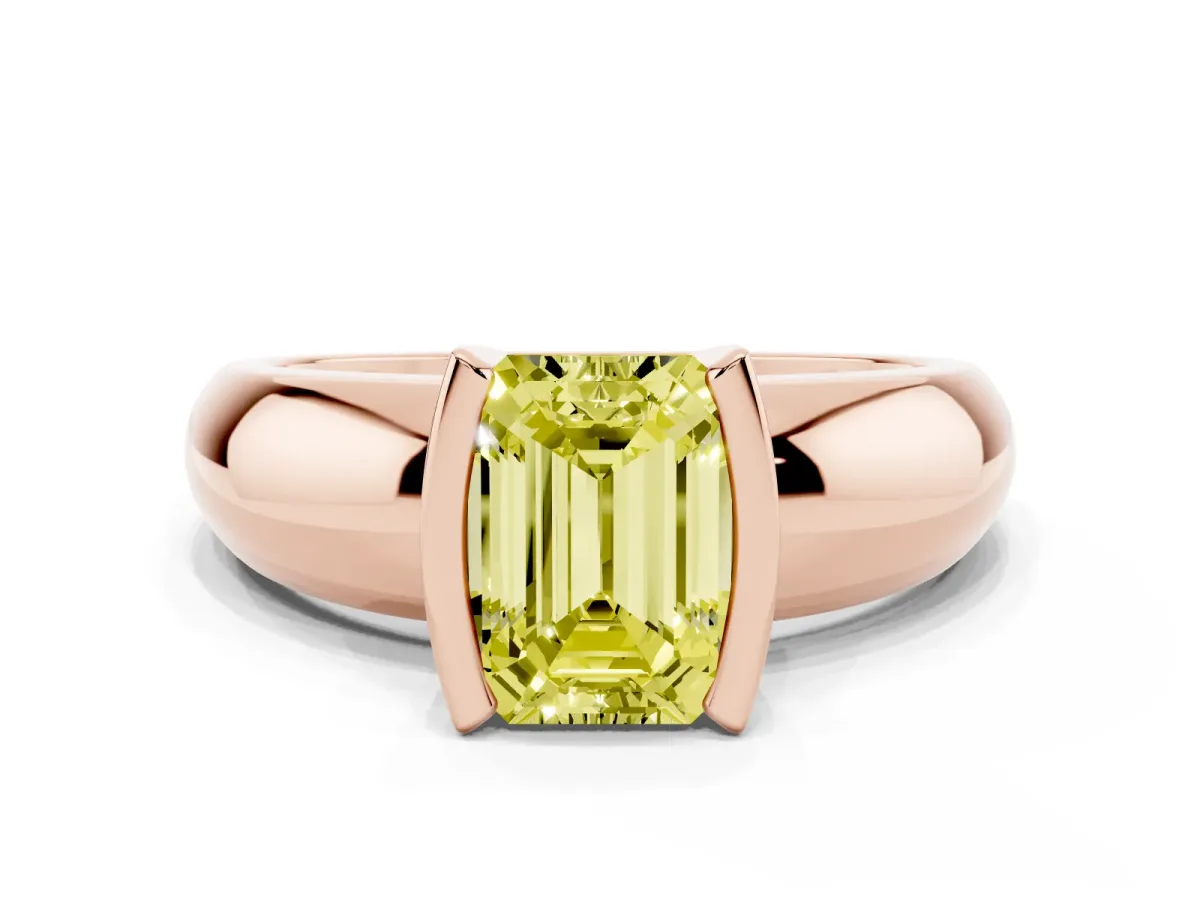 Fancy Yellow Emerald Cut Solitaire Tension Set Diamond Ring with Wide Band Rose gold