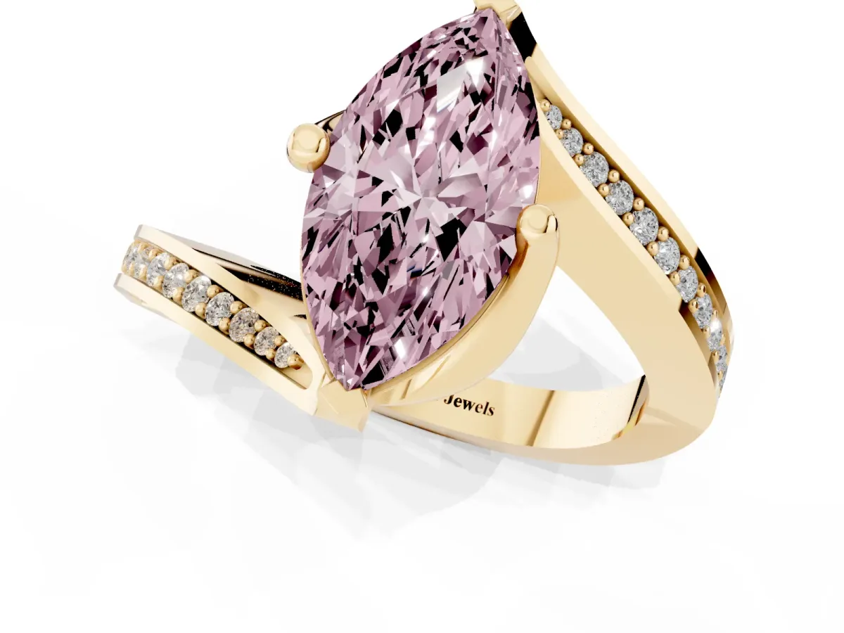 Fancy Pink Marquise Cut Solitaire Diamond Twist Band with Pavé Setting and Four-Prong Setting Yellow gold
