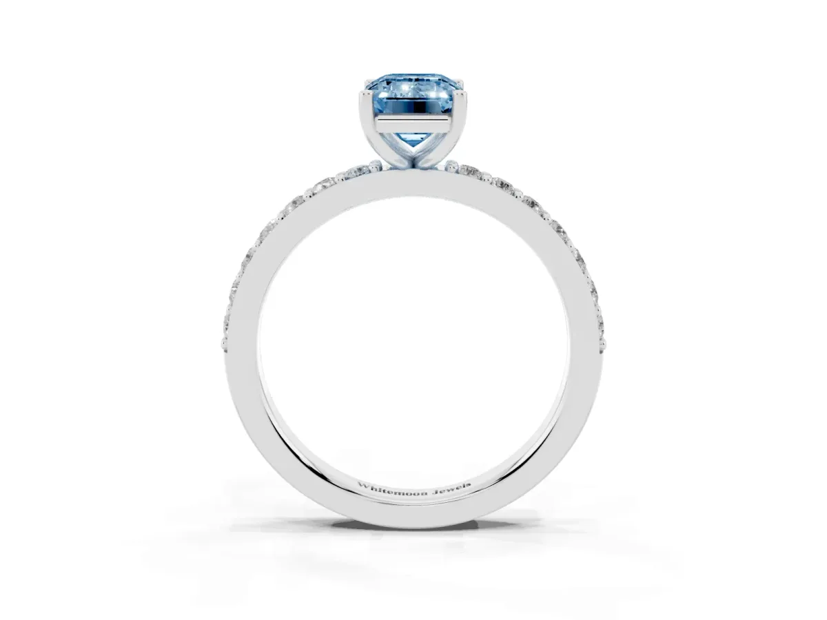 Fancy Blue Emerald Cut Cut Diamond Solitaire with Pave Band and Four-Prong Setting Silver