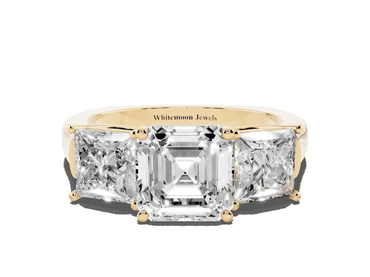 Three-Stone Asscher Cut Brilliant Diamond Trellis Ring with Comfort Fit Band Yellow gold