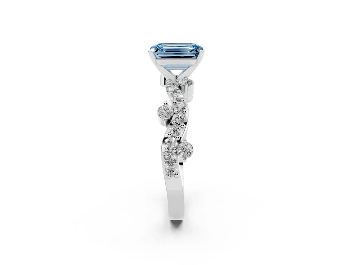 Fancy Blue Emerald Cut Cut Solitaire Diamond Twisted Band with Pave Setting White gold