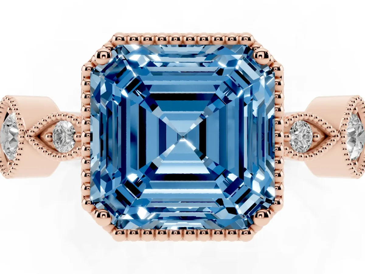 Fancy Blue Asscher Cut Diamond Vintage Milgrain Ring with Round Stations Rose gold