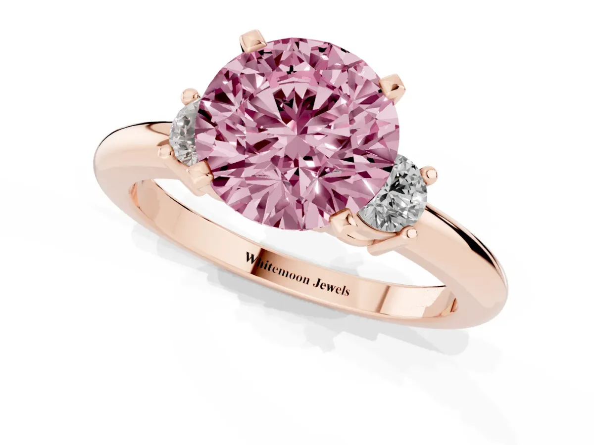 Fancy Pink Three-Stone Round Cut Cut Diamond Solitaire with Prong Setting and Classic Band Rose gold