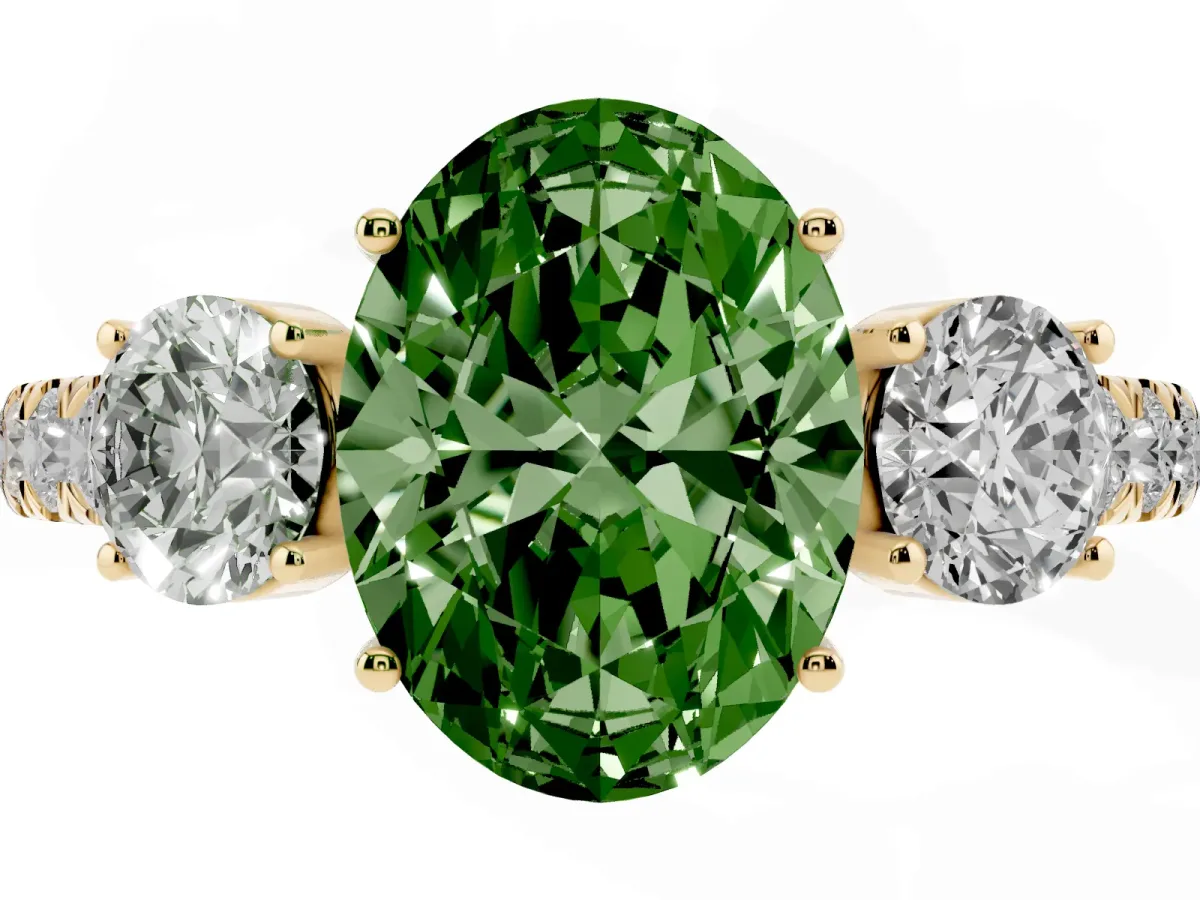 Fancy Green Oval Cut Cut Diamond Three-Stone Ring with Round Side Stones and Pavé Band Yellow gold