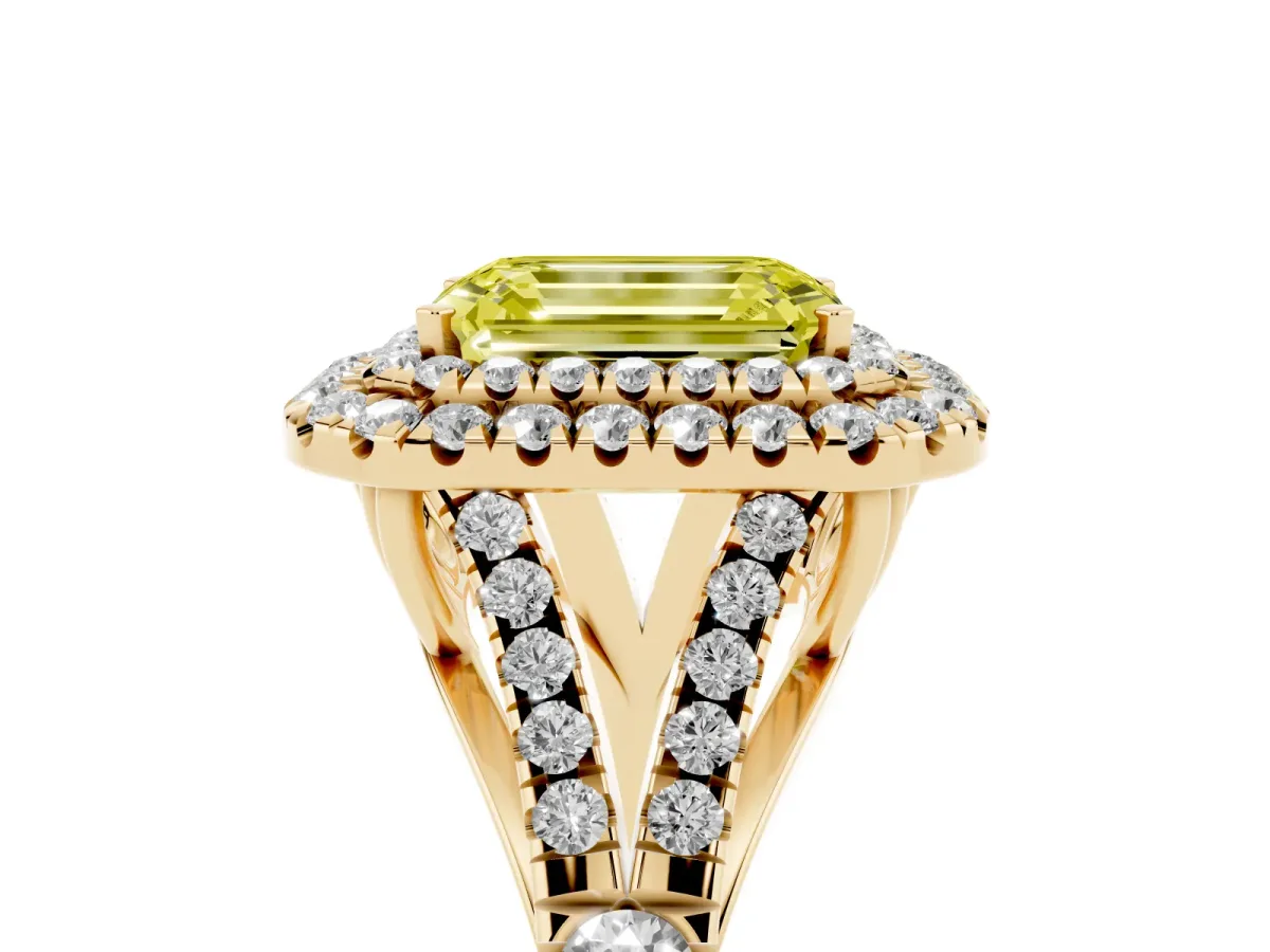 Fancy Yellow Emerald Cut Diamond Pavé Split Shank Double Halo Engagement Ring Yellow gold