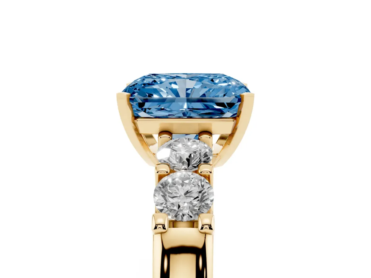 Fancy Blue Radiant Cut Brilliant Cut Diamond Five-Stone Prong Set Engagement Ring with Channel Band Yellow gold