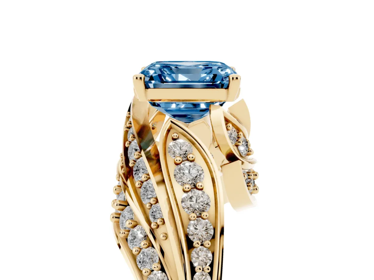 Fancy Blue Asscher Cut Diamond Solitaire Ring with Prong Setting and Twisted Pavé Band Yellow gold