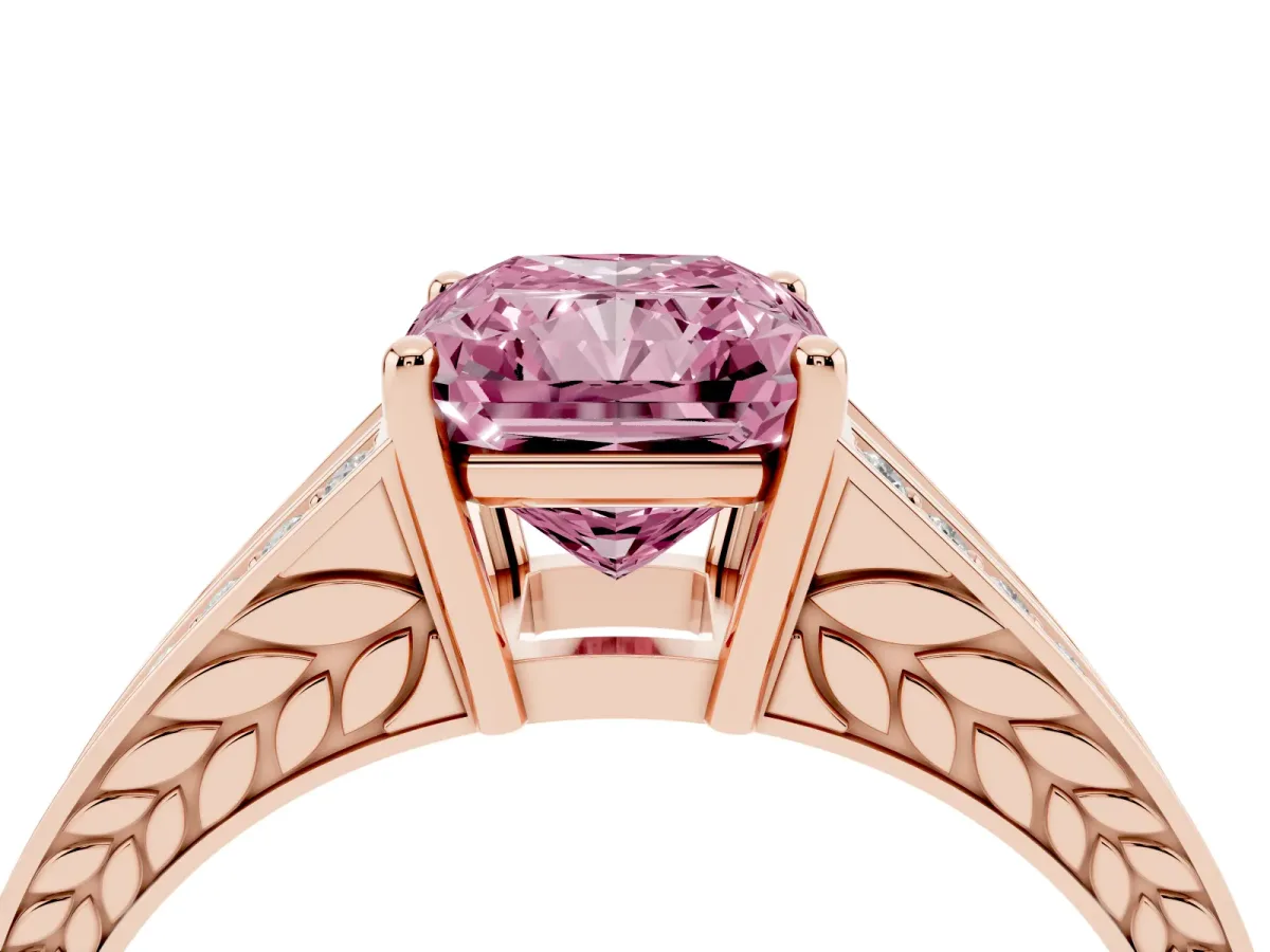 Fancy Pink Radiant Cut Diamond Split Shank Ring with Pavé Band and Four-Prong Setting Rose gold