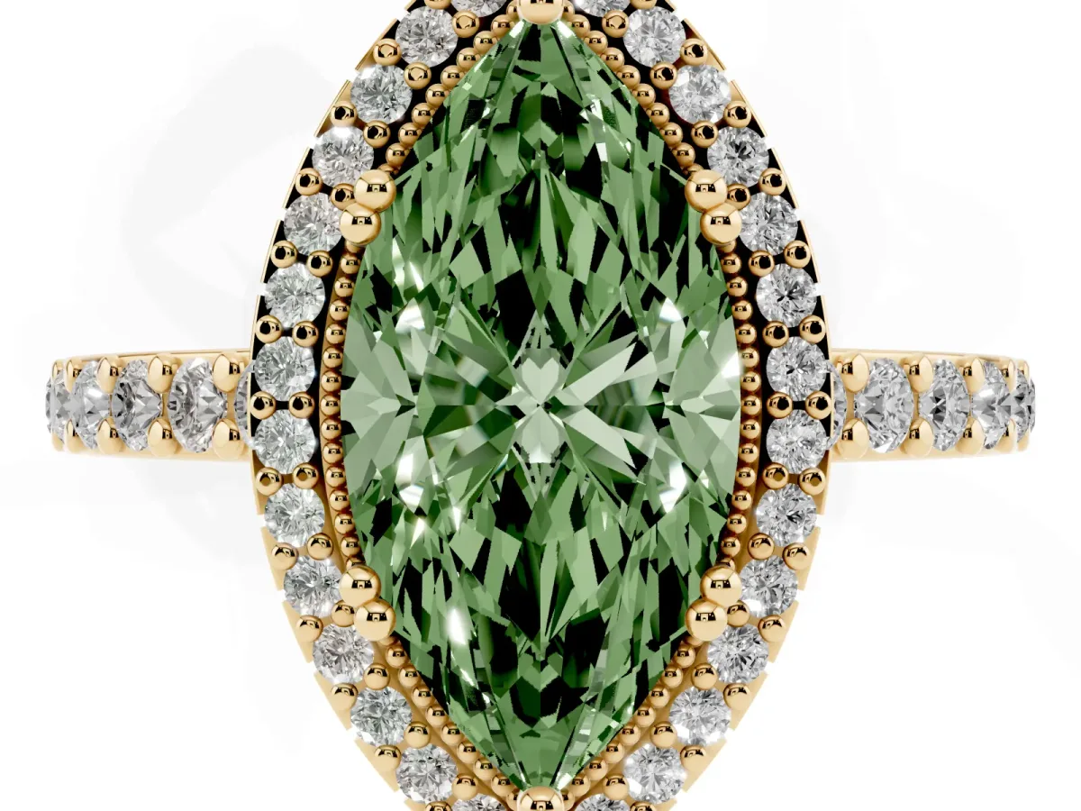 Fancy Green Marquise Cut Cut Diamond Halo Engagement Ring with Milgrain Detail and Pavé Band Yellow gold