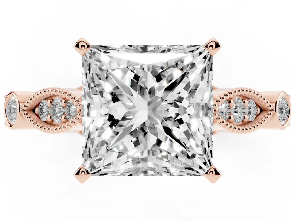 Princess Cut Cut Diamond with Milgrain Marquise and Bezel Accents on a Solitaire Band with Prong Setting Rose gold