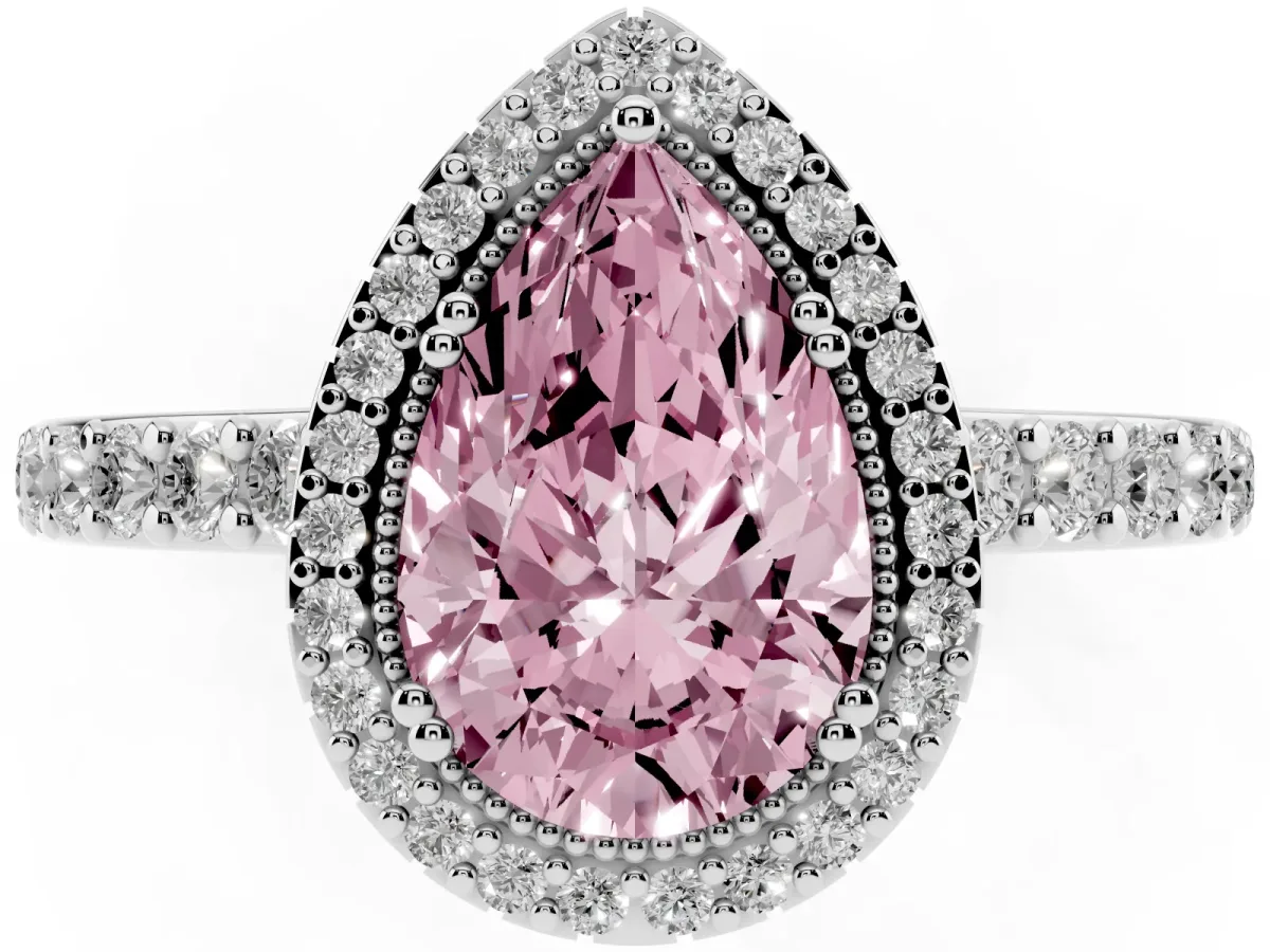 Fancy Pink Pear Cut Cut Diamond Halo Engagement Ring with Milgrain Detail and Pavé Band Silver