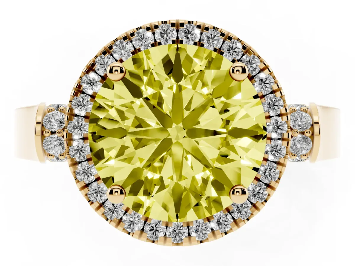 Fancy Yellow Round Cut Halo Round Diamond Twist Band with Four-Prong Setting Yellow gold