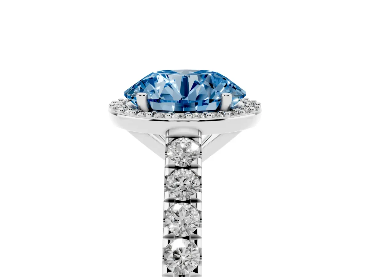 Fancy Blue Round Cut Cut Halo Diamond Engagement Ring with Pave Band and Four-Prong Setting Silver