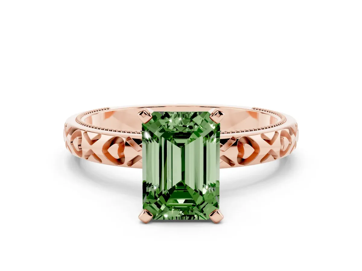 Fancy Green Emerald Cut Solitaire Diamond Engagement Ring with XO Engraved Band and Four-Prong Setting Rose gold