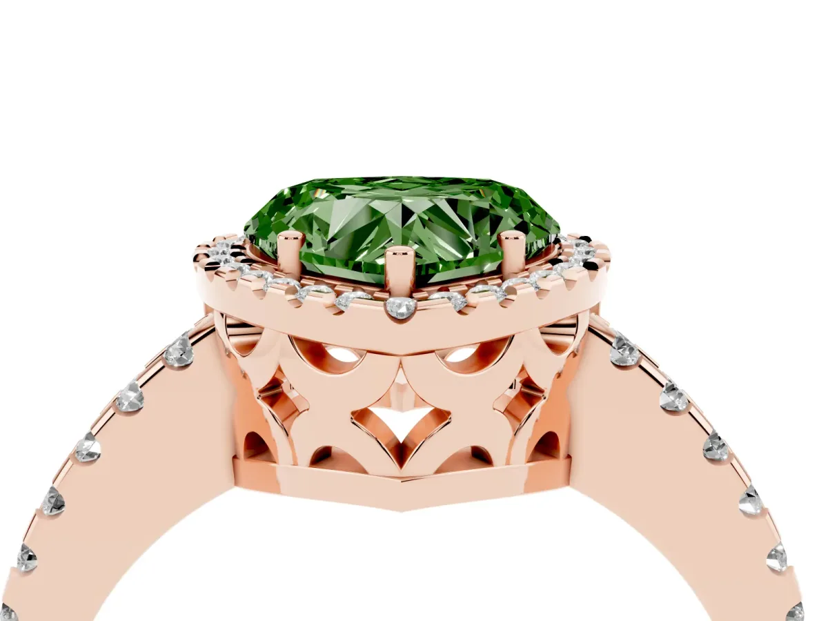 Fancy Green Heart Cut Diamond Halo Engagement Ring with Pavé Band and Prong Setting Rose gold