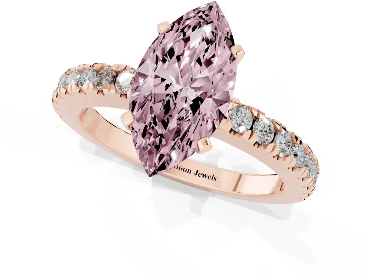 Fancy Pink Marquise Cut Solitaire Diamond with Pavé Band and Four-Prong Setting Rose gold