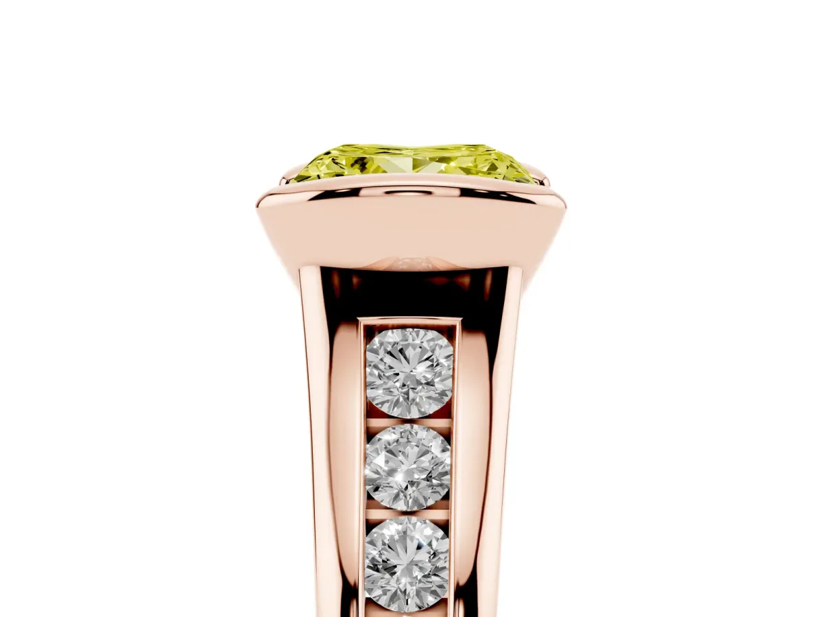 Fancy Yellow Princess Cut Solitaire Bezel-Set Diamond Ring with Channel-Set Band Rose gold