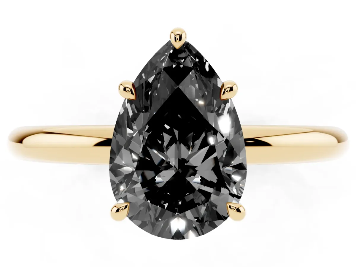 Fancy Black Pear Cut Diamond Solitaire Ring with Thin Band and Four-Prong Setting Yellow gold