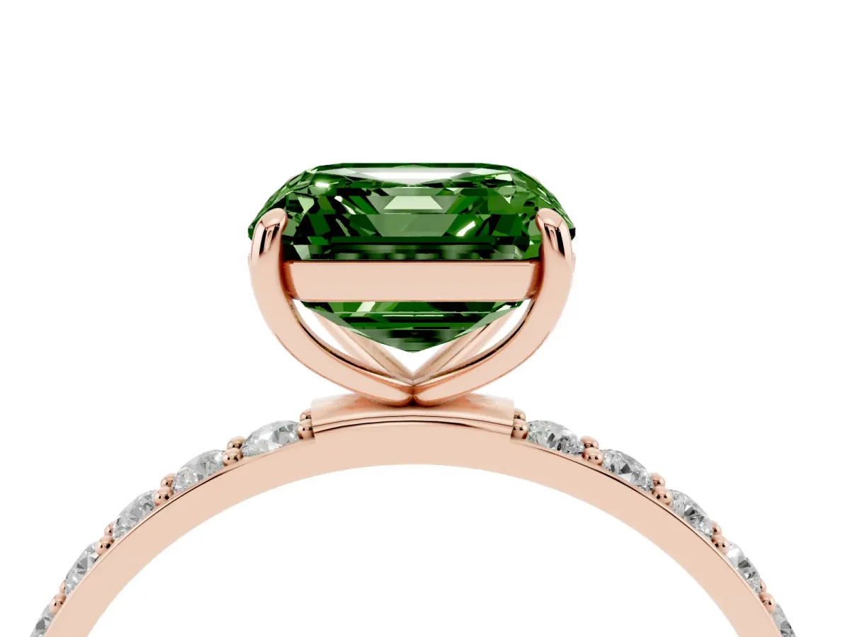 Fancy Green Asscher Cut Diamond Solitaire Ring with Round Pavé Shoulders and Prong Setting Rose gold