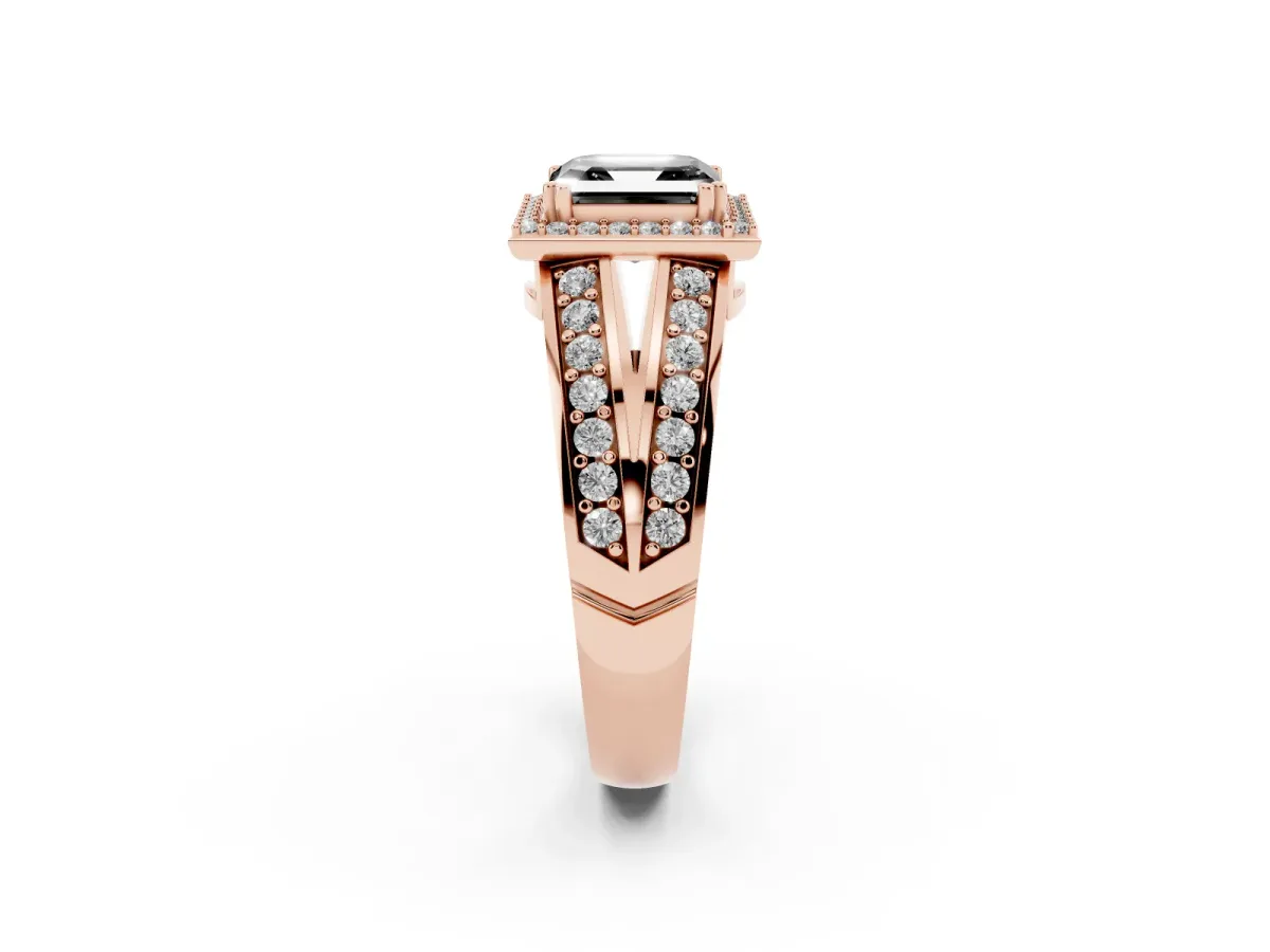 Fancy Black Asscher Cut Diamond Halo Ring with Split Shank Pavé Band and Four-Prong Setting Rose gold