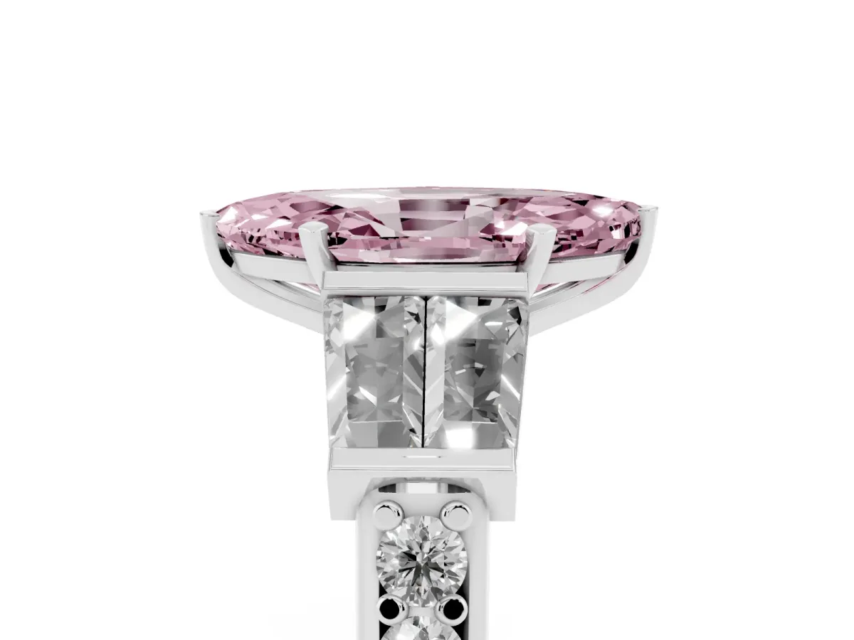 Fancy Pink Marquise Cut Diamond Engagement Ring with Baguette Side Stones and Channel Set Band Silver