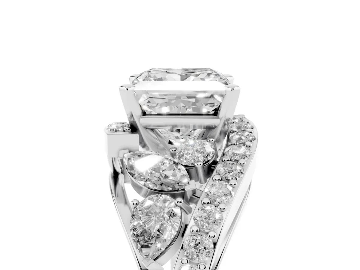 Princess Cut Diamond Halo Ring with Marquise and Pavé Band in Prong Setting White gold