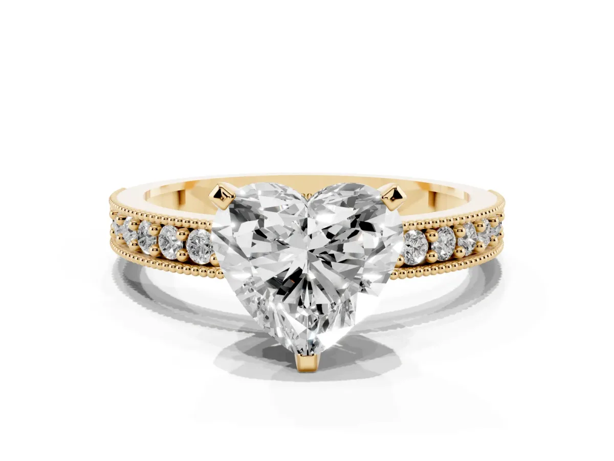 Heart Cut Diamond Milgrain Pavé Engagement Ring with Four-Prong Setting Yellow gold
