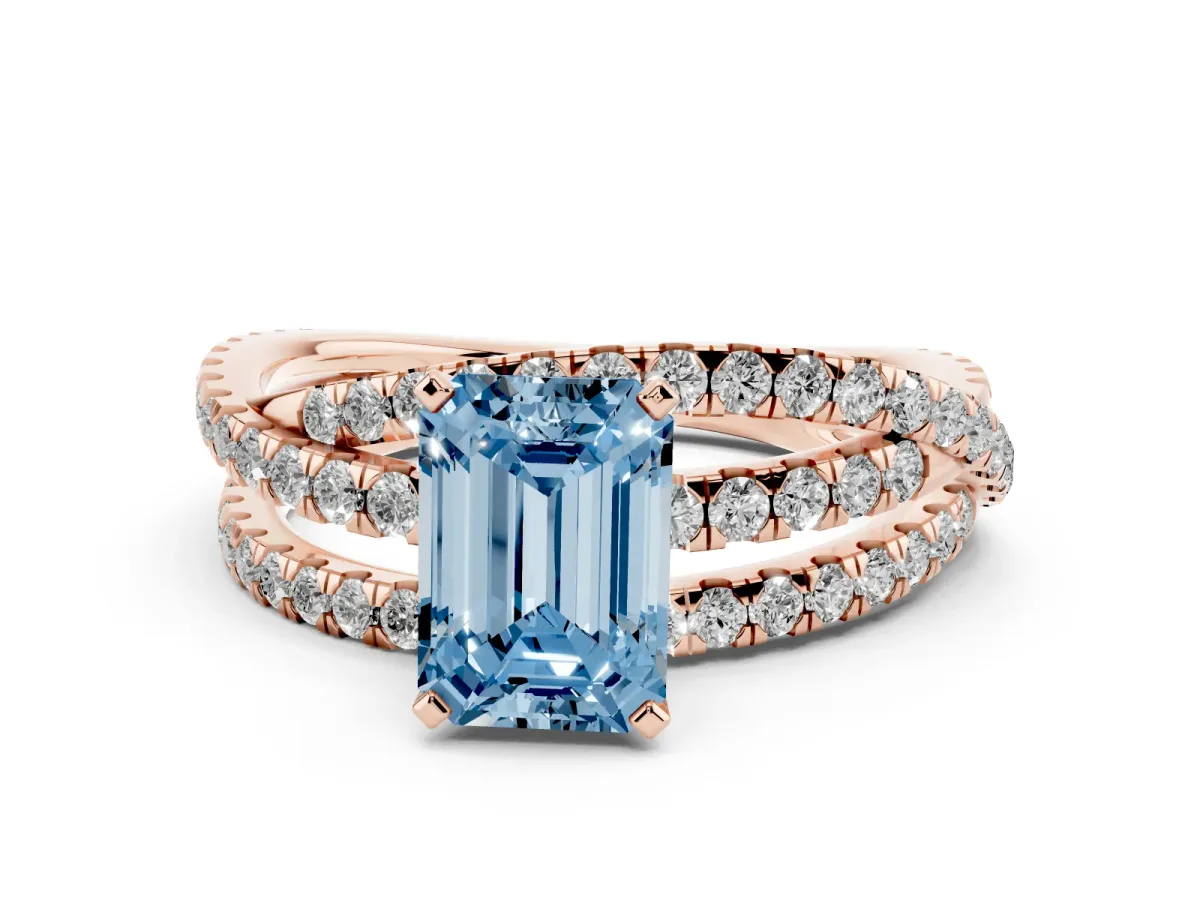 Fancy Blue Emerald Cut Solitaire Twist Band with Pavé Setting and Four-Prong Setting Rose gold