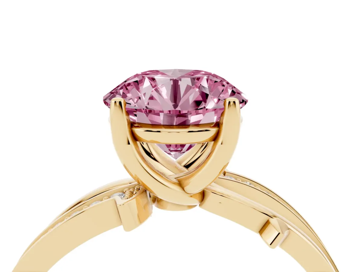 Fancy Pink Round Cut Solitaire Twist Band with Pavé Accents and Four-Prong Setting Yellow gold