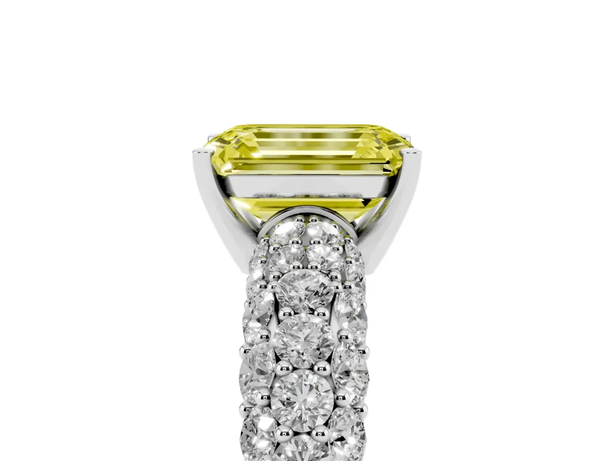 Fancy Yellow Emerald Cut Diamond Pavé Band Solitaire Ring with Four-Prong Setting White gold