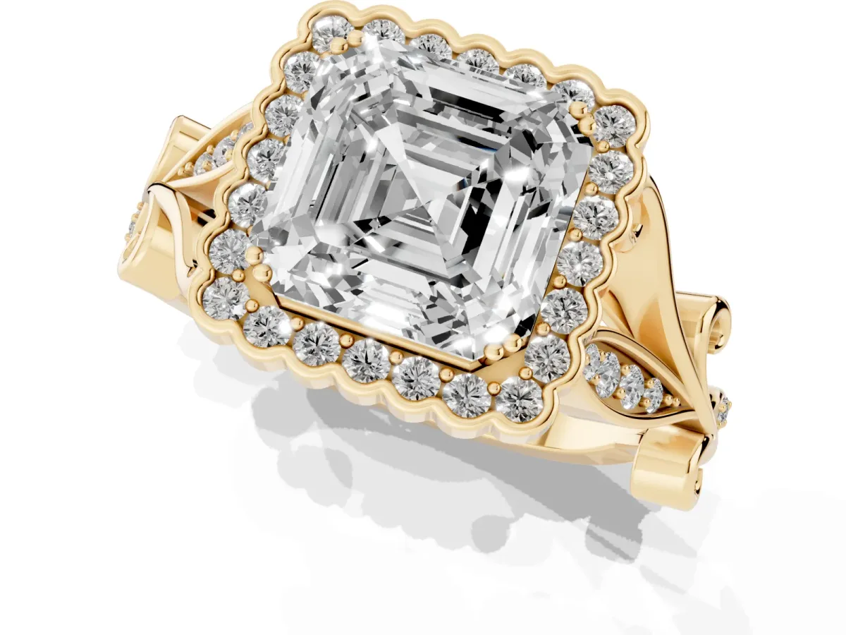 Asscher Cut Diamond Halo Ring with Vintage Split Shank and Four-Prong Setting Yellow gold