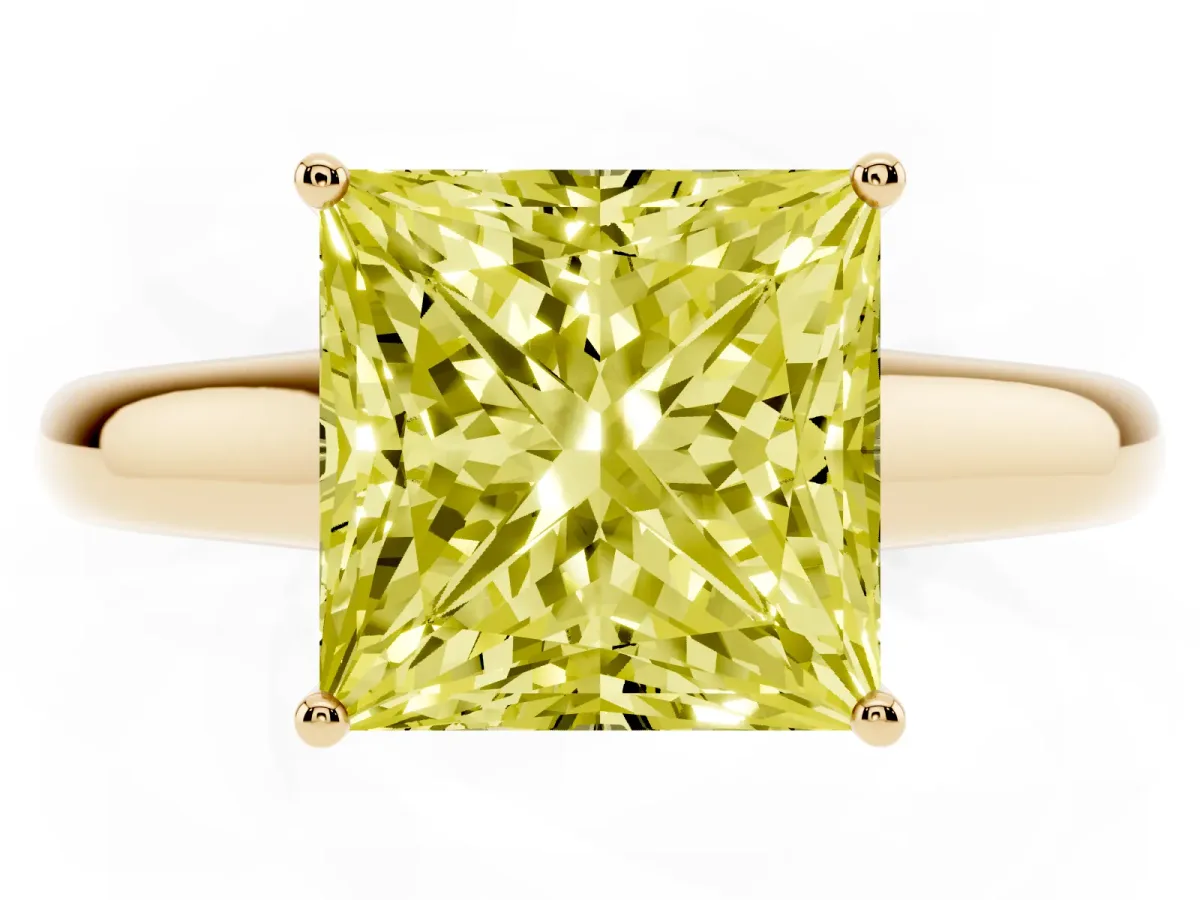 Fancy Yellow Princess Cut Solitaire Engagement Ring with Tapered Band and Four-Prong Setting Yellow gold