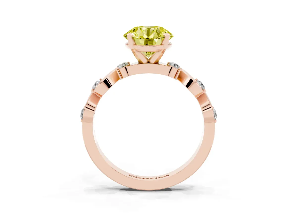 Fancy Yellow Round Cut Diamond Solitaire Twisted Band with Round Accents and Prong Setting Rose gold