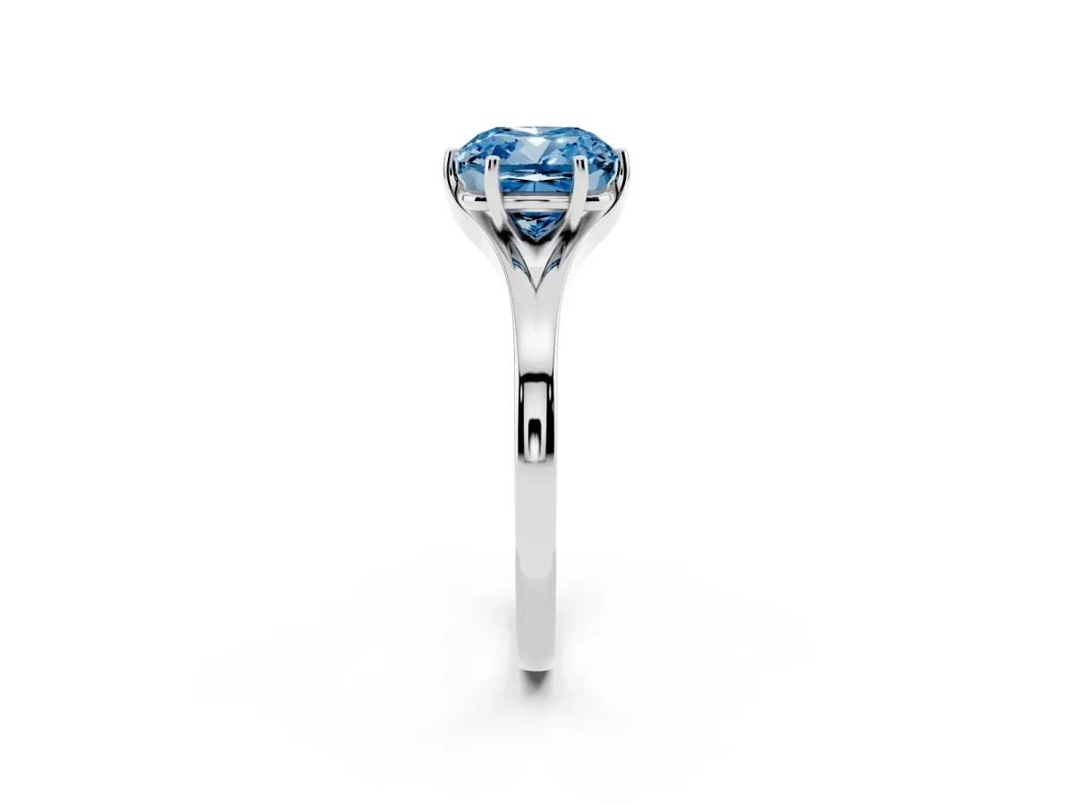 Fancy Blue Cushion Cut Solitaire Diamond Ring with Six-Prong Setting and Tapered Band Platinum
