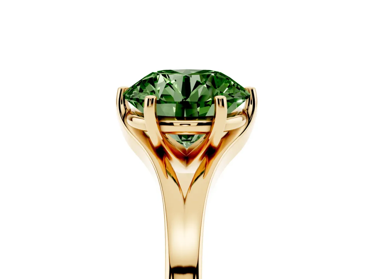 Fancy Green Round Cut Solitaire Diamond Ring with Six-Prong Setting and Tapered Band Yellow gold