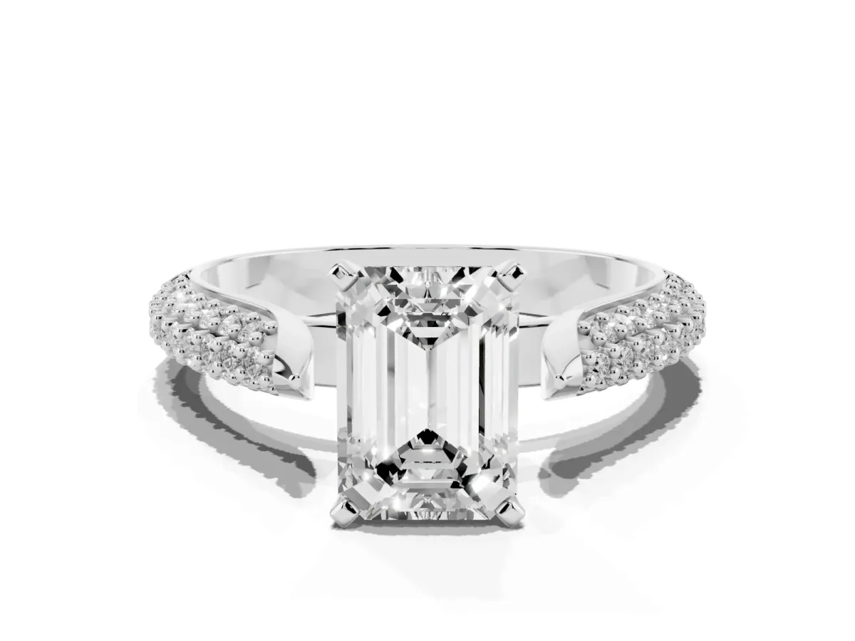 Emerald Cut Diamond Solitaire Engagement Ring with Multi-Row Round Pavé Band and Prong Setting Silver