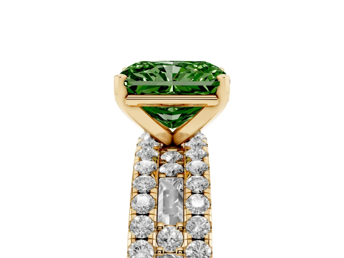 Fancy Green Radiant Cut Diamond Solitaire Ring with Pavé and Channel Set Band Yellow gold