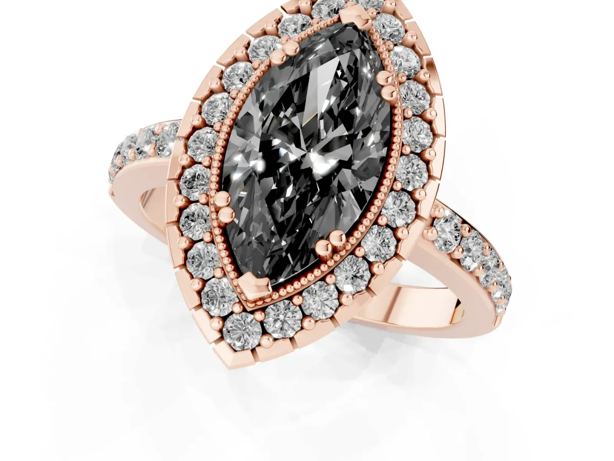 Fancy Black Marquise Cut Diamond Halo Ring with Pavé Band and Prong Setting Rose gold