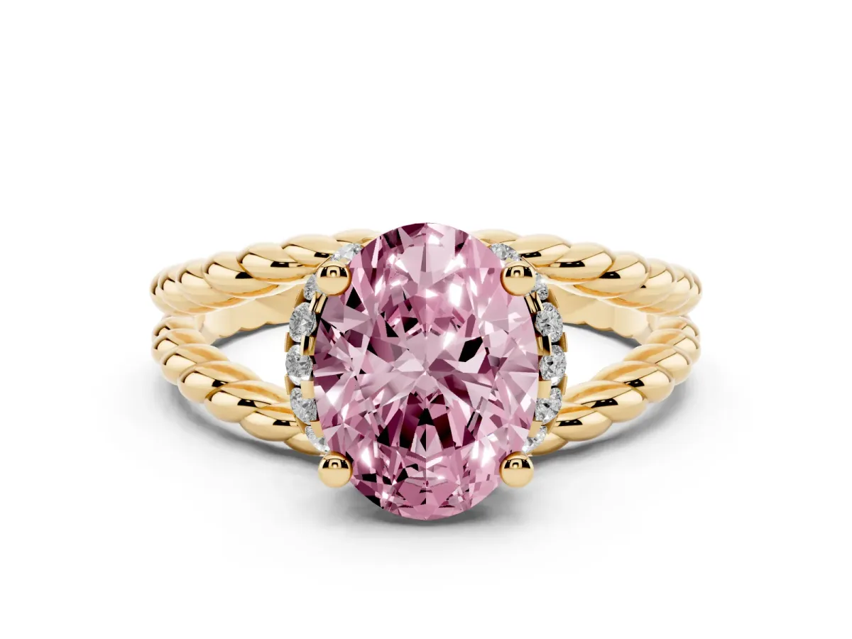 Fancy Pink Oval Cut Halo Twisted Band Four-Prong Ring Yellow gold