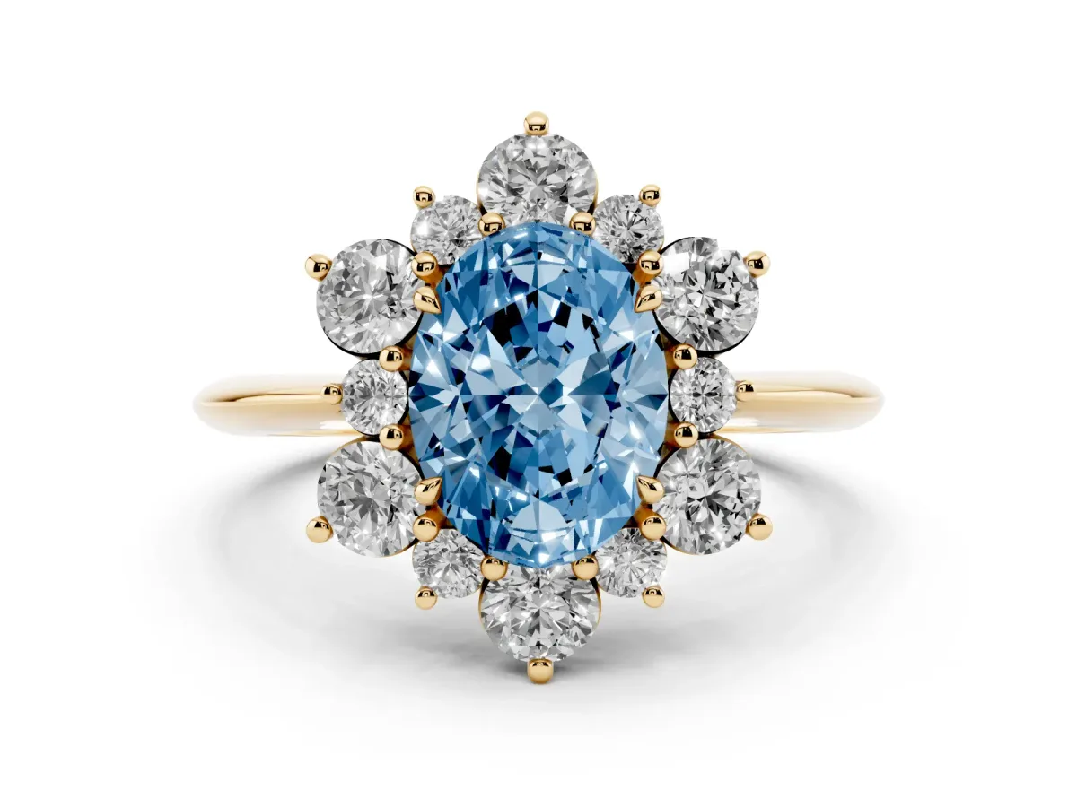 Fancy Blue Oval Cut Diamond Cluster Halo Ring with Solitaire Band and Four-Prong Setting Yellow gold