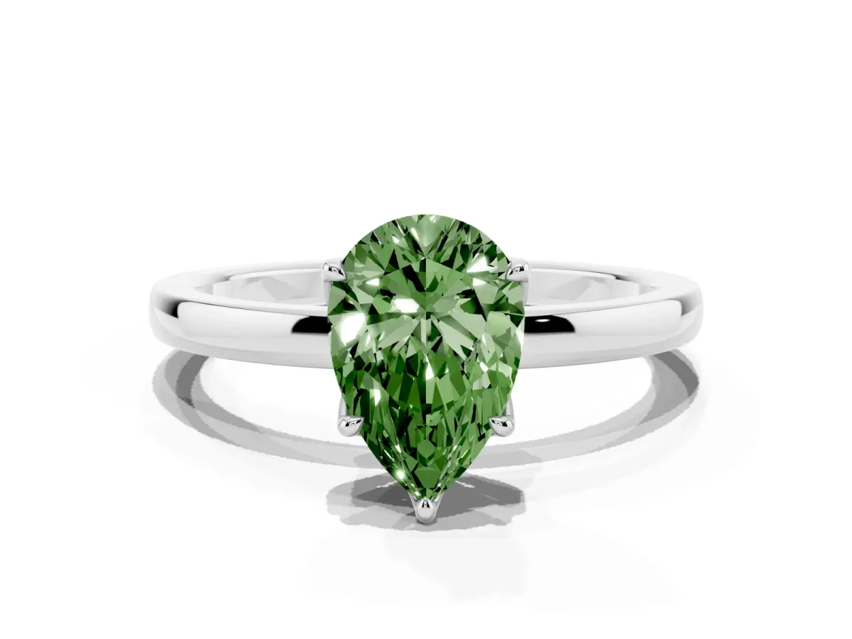 Fancy Green Pear Cut Diamond Solitaire Ring with Thin Band and Prong Setting White gold
