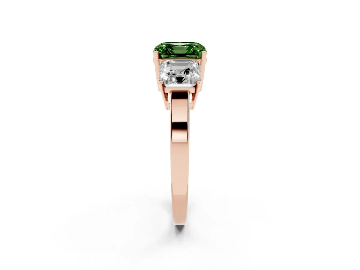 Fancy Green Three-Stone Asscher Cut Cut Diamond Engagement Ring with Flat Band and Four-Prong Setting Rose gold