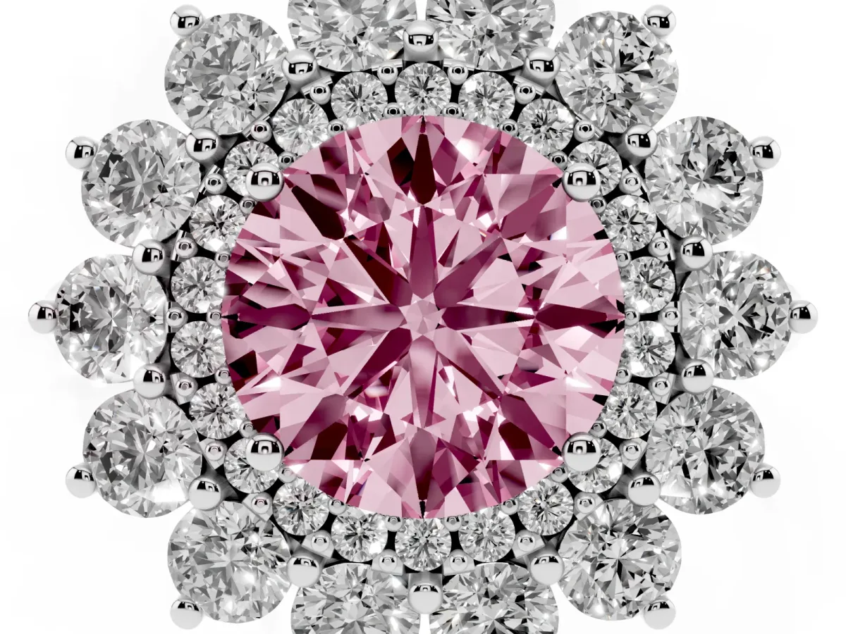 Fancy Pink Round Cut Diamond Floral Double Halo Engagement Ring with Prong Setting Silver