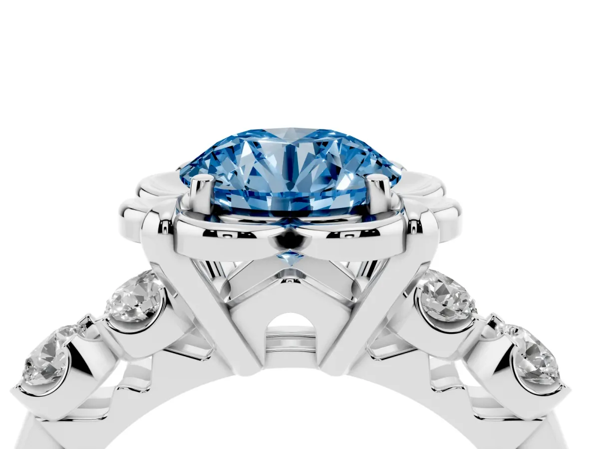Fancy Blue Round Cut Cut Diamond Floral Halo Engagement Ring with Shared Prong Setting Silver