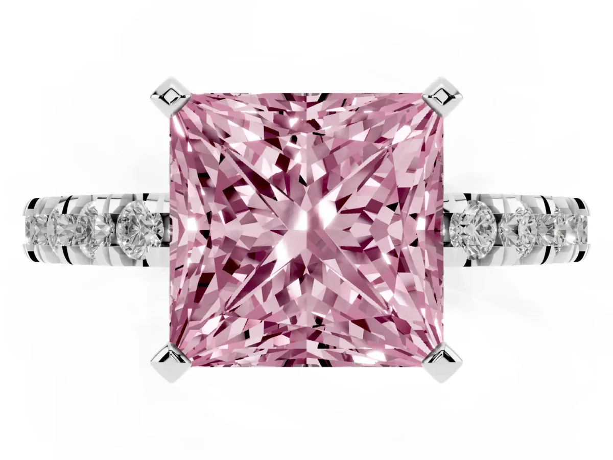 Fancy Pink Princess Cut Diamond Pavé Band Solitaire with Four-Prong Setting Silver