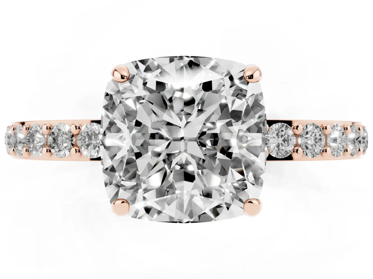 Cushion Cut Diamond Solitaire Engagement Ring with Pavé Band and Four-Prong Setting Rose gold