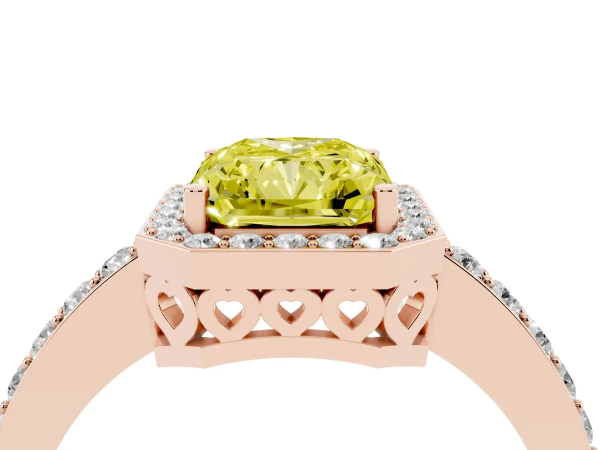 Fancy Yellow Radiant Cut Halo Diamond Pavé Band Ring with Prong Setting Rose gold